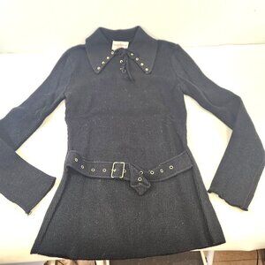 Alexander Luxury Knitwear Black Long Sleeve Collared Shirt w/ Belt Womens Small